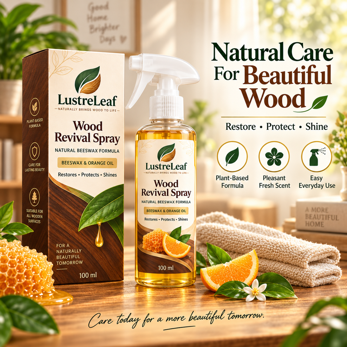 LustreLeaf wood spray restoring shine on dull wooden furniture